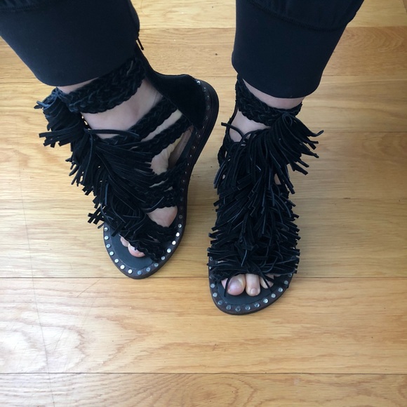 black Jeffrey Campbell fringe sandals (size: 6) - Picture 2 of 8